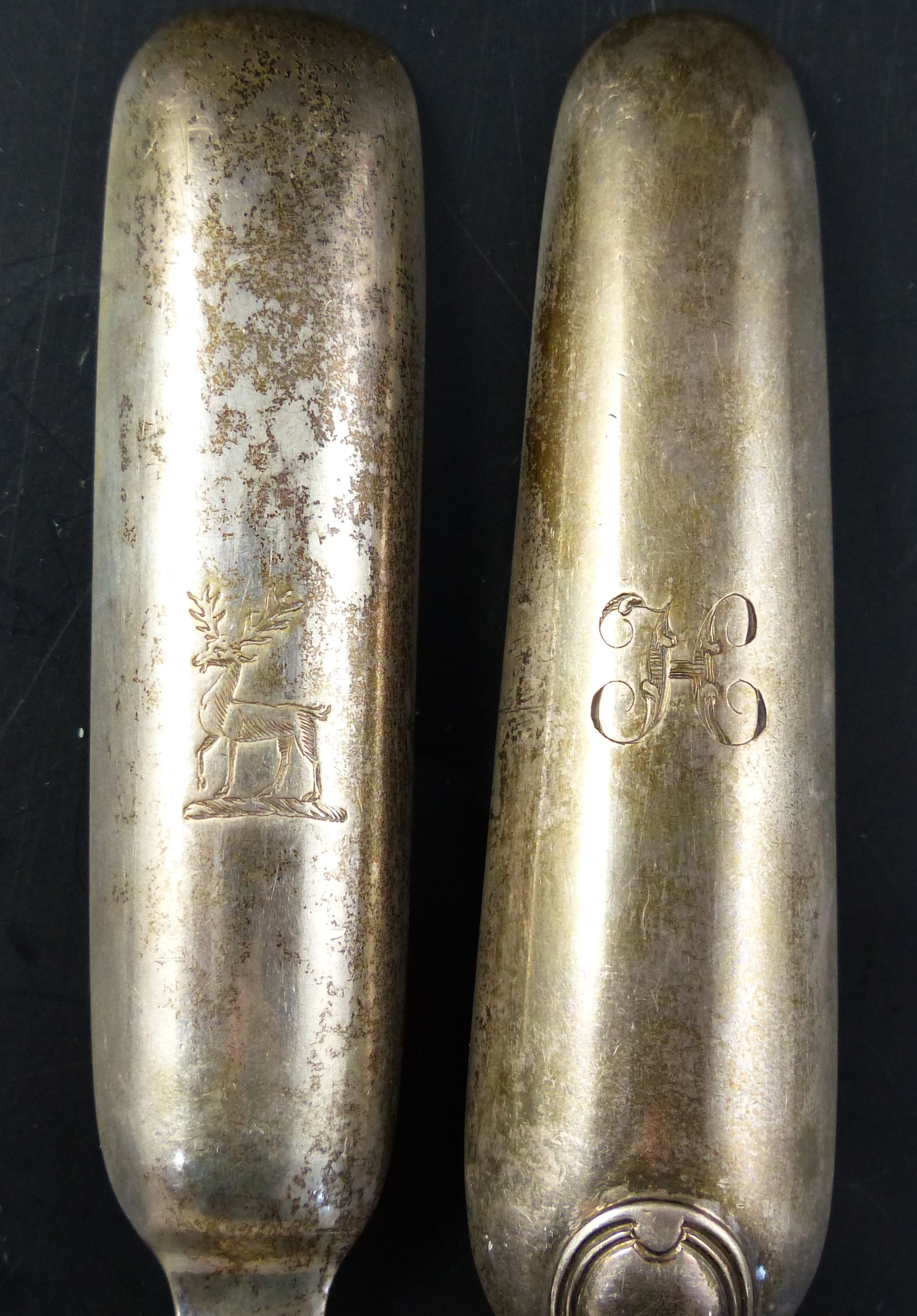 Two 19th century silver marrow scoops, thread pattern by Eley, Fearn & Chawner, London, 1808 and Chester, 1782